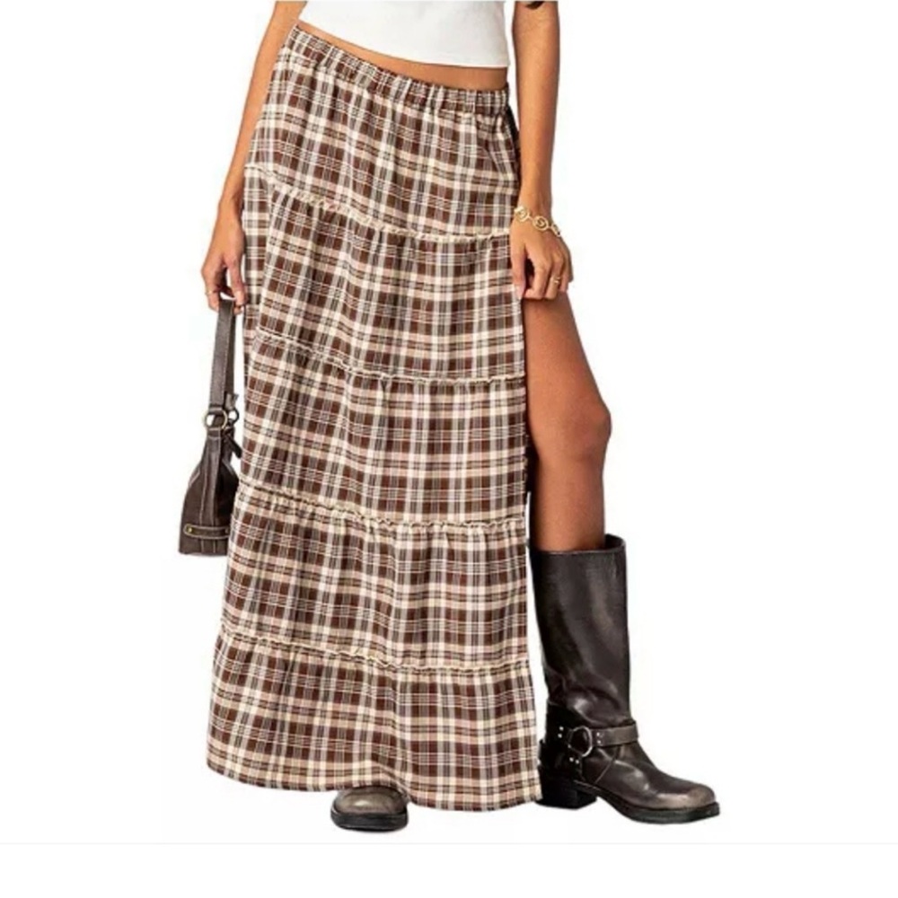 Edikted Plaid Side Slit Maxi Skirt